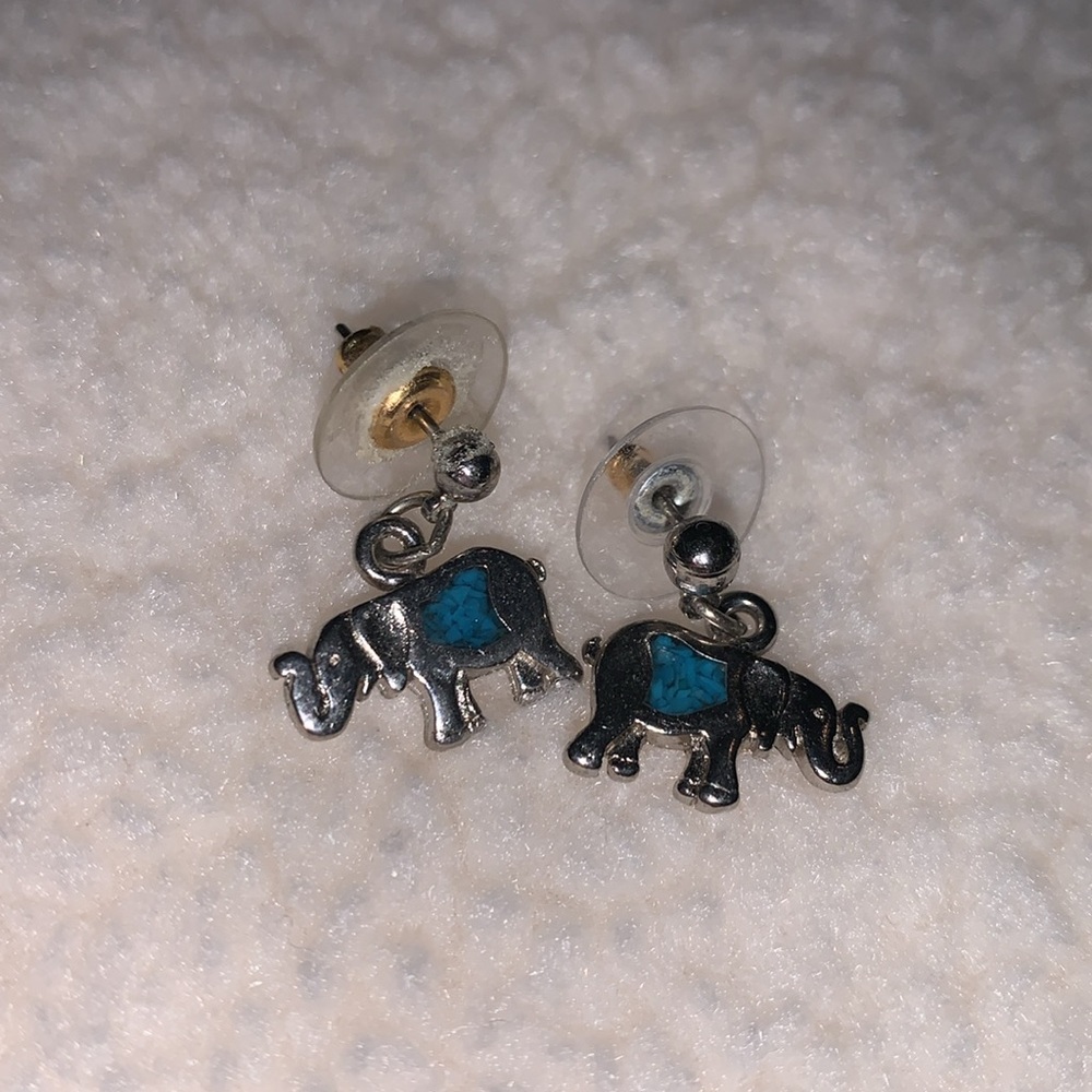 Silver and turquoise teal elephant stud drop earrings - Picture 5 of 6